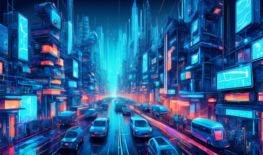 An intricate digital artwork depicting a cityscape filled with various types of smart sensors integrated into everyday objects like street lamps, vehicles, and buildings, highlighting their seamless i