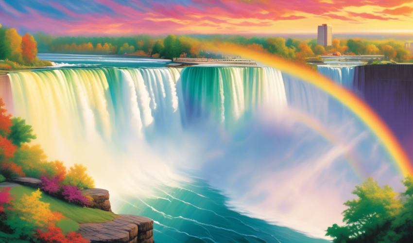 Capture the stunning essence of Niagara Falls at sunset, emphasizing the vast flow of water and vibrant colors reflecting off the mist, with a rainbow arching gracefully over the scene, all surrounded