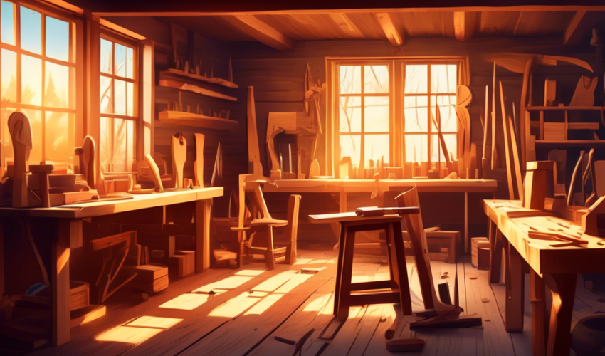 An atmospheric illustration of a traditional carpentry workshop filled with wooden furniture projects in various stages of completion, featuring detailed woodworking tools, a craftsman carefully carvi