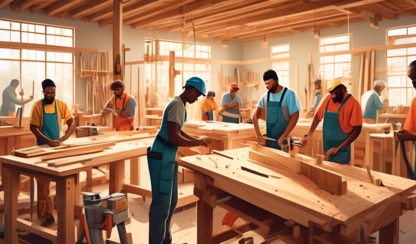 An intricate workshop scene showcasing diverse carpenters of various ethnicities working together using modern tools on woodworking projects in a spacious, well-lit commercial carpentry shop, with lar