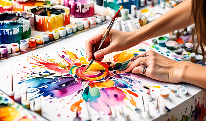 An artist delicately hand-painting colorful, intricate designs on a blank canvas in a bright, inviting studio, surrounded by brushes, paint tubes, and inspirational sketches, illustrating a beginner's