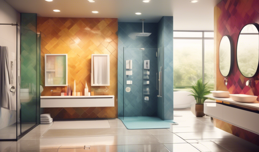 An inviting modern bathroom with a large, luxurious walk-in shower being discussed by a diverse group of architects and interior designers, displaying blueprints and digital tablets, surrounded by var