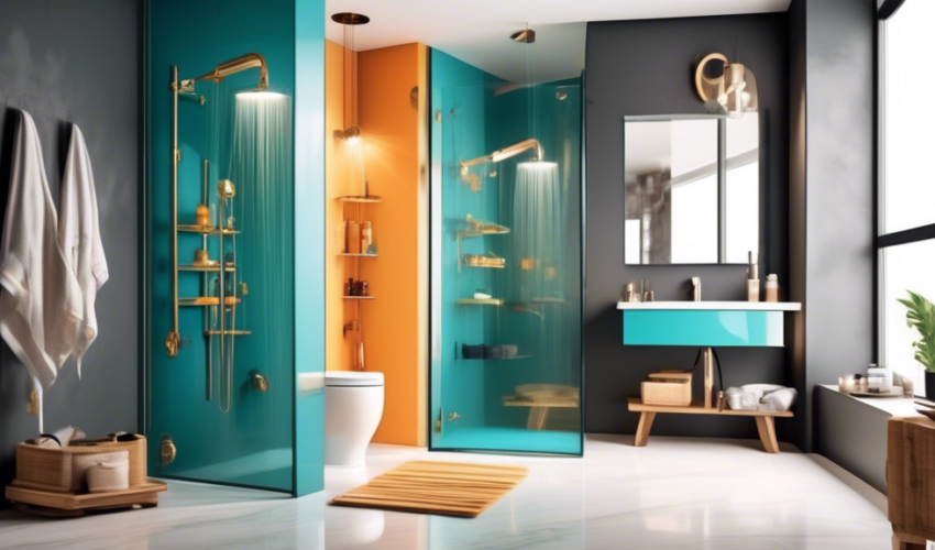 An elegant and modern bathroom undergoing a luxurious shower renovation by a team of professional contractors, with tools and high-quality materials displayed, in a bright and neatly organized work ar