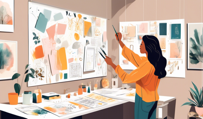 An interior designer brainstorming and pointing at a mood board filled with various styles and quotes for a modern shower renovation in a cozy, well-lit studio workspace.