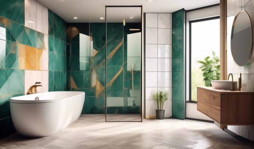An elegant and modern bathroom undergoing renovation by a team of diverse, skilled experts, with a focus on installing a luxurious walk-in shower featuring sleek glass doors and contemporary tiles, in
