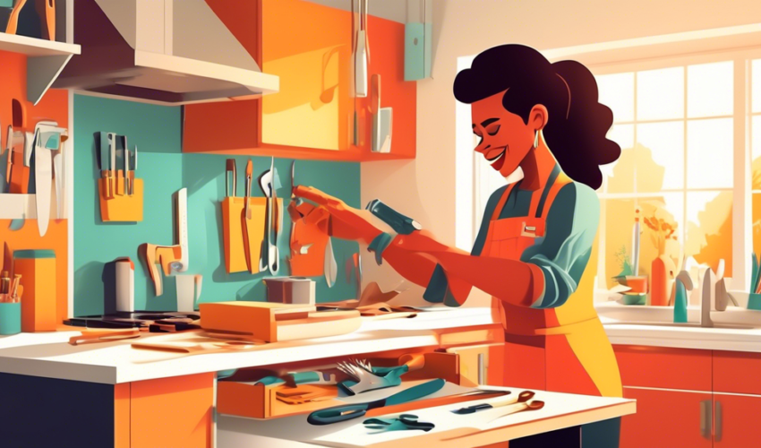 An enthusiastic homeowner fixing a loose cabinet handle in a bright, modern kitchen, with an open toolbox and various tools spread out, a DIY manual open on the counter, amidst a sunny afternoon setti