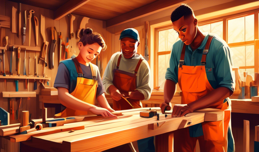 An eager young apprentice learning woodworking skills from an experienced carpenter in a well-organized, sunlit workshop filled with various woodworking tools and wooden planks.