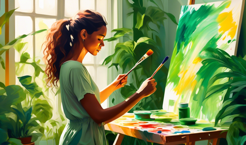 An artist in a sunlit studio using eco-friendly paints and brushes on a large canvas, surrounded by lush green plants, with a focus on vibrant green brushstrokes.