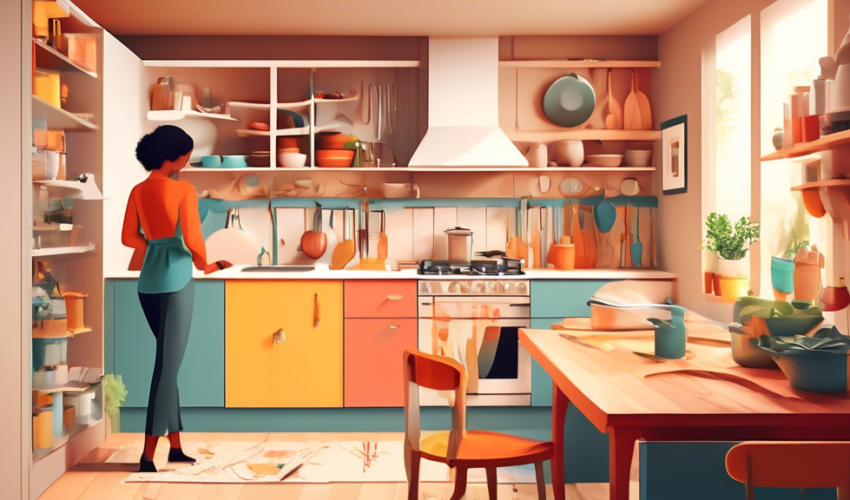 A cozy, well-lit kitchen with sleek, refurbished cabinets showcasing a mix of vintage and modern styles, with a person happily working on DIY cabinet refitting using basic tools and materials laid out