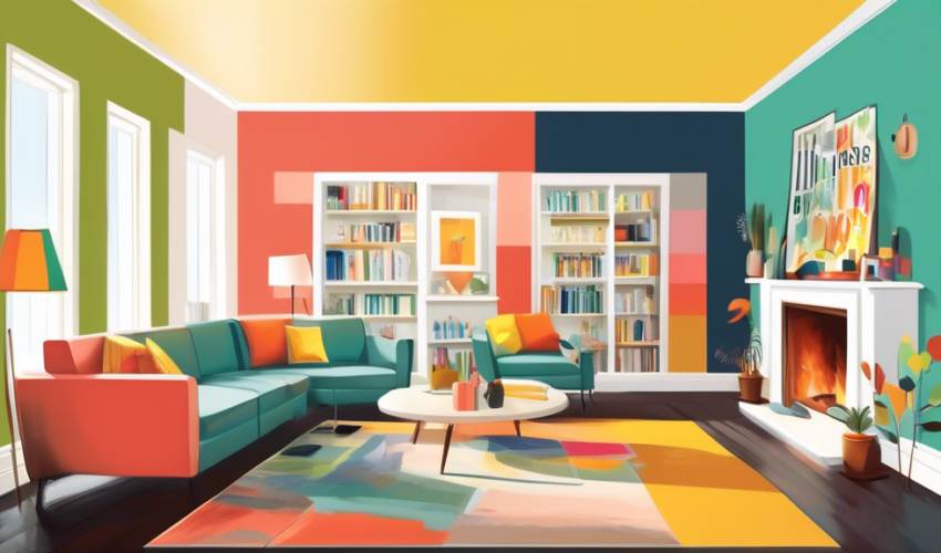 Detailed illustration of a lively family room half-painted incorrectly with common mistakes and the other half painted perfectly following best practices, showcasing essential dos and don'ts in home painting.