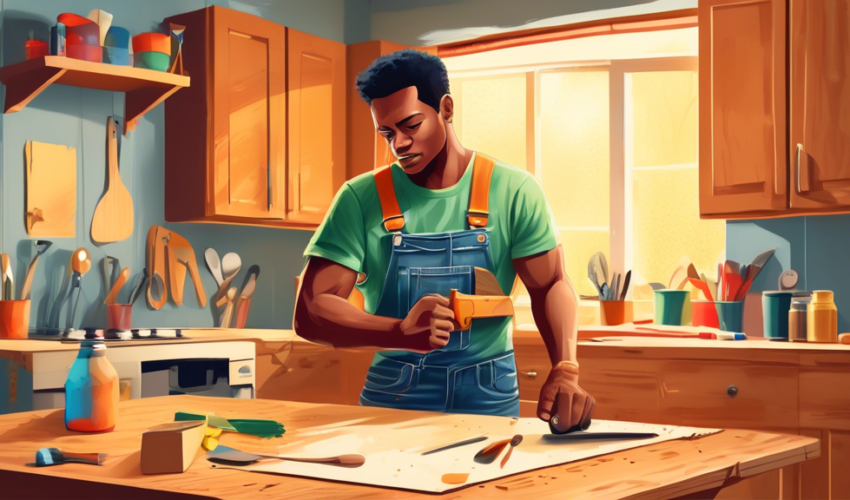 A detailed and colorful image of a person wearing a casual T-shirt and jeans, working in a well-lit kitchen, repairing scratches on wooden cabinets with sandpaper and a small can of wood finish, with