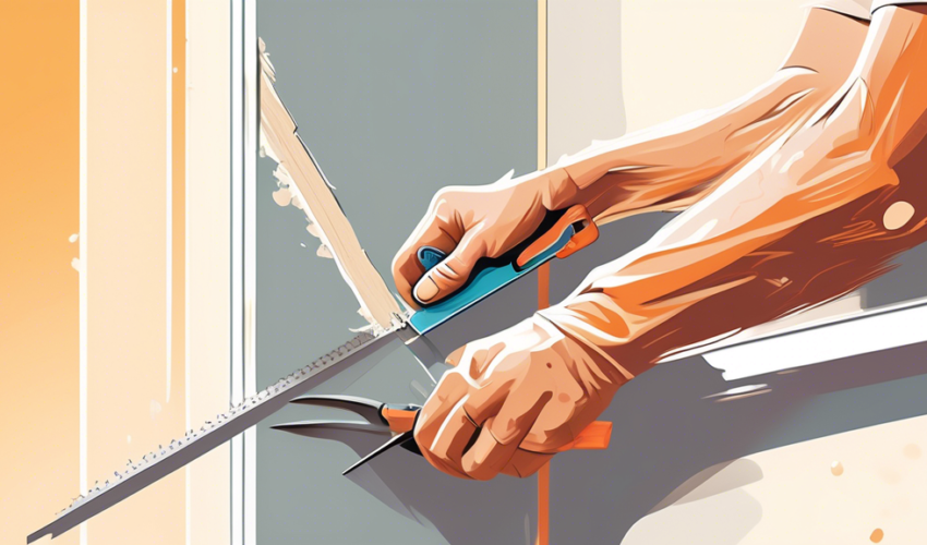 An illustrated step-by-step guide showing hands meticulously repairing drywall seams with tools and materials, emphasizing precision and detail, in a well-lit, tidy workshop environment.