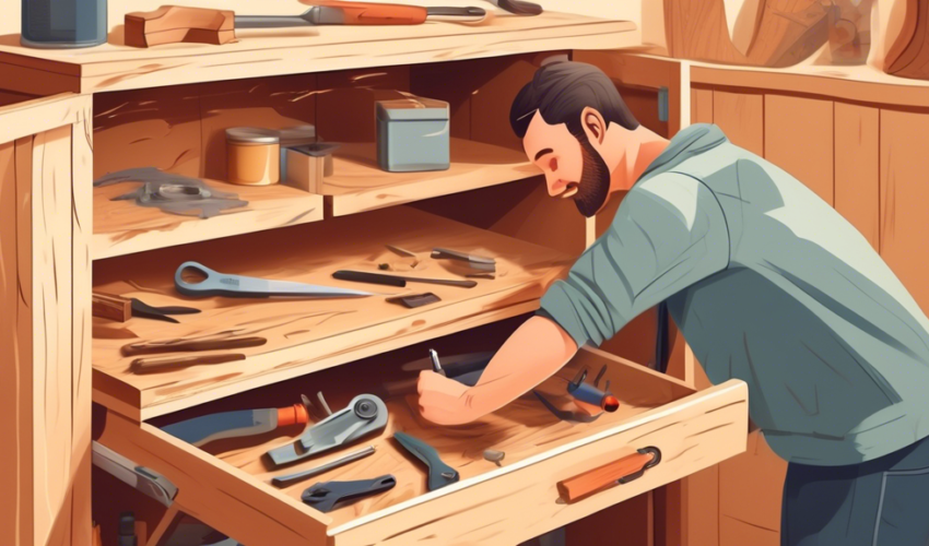 An illustrated step-by-step guide showing a person fixing a broken wooden cabinet in a cozy, well-organized workshop. The image includes detailed illustrations of tools such as a screwdriver and wood