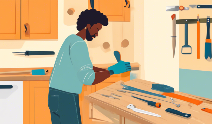 An illustrated step-by-step guide on repairing cabinet door hinges, featuring a person in a workshop setting meticulously fixing a wooden kitchen cabinet door, with tools like a screwdriver and replac