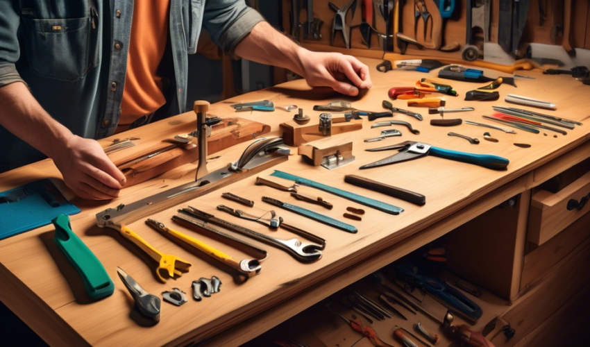 An image of a well-lit, organized workshop with an open toolkit on a wooden table; a person is fixing a wooden cabinet door, aligning the hinges. Detailed visual instructions float above the workspace