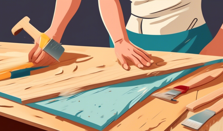 An image showing a step-by-step tutorial on repairing water-damaged wooden kitchen cabinets, with tools and materials laid out on a table, and a person in the process of sanding and applying varnish t