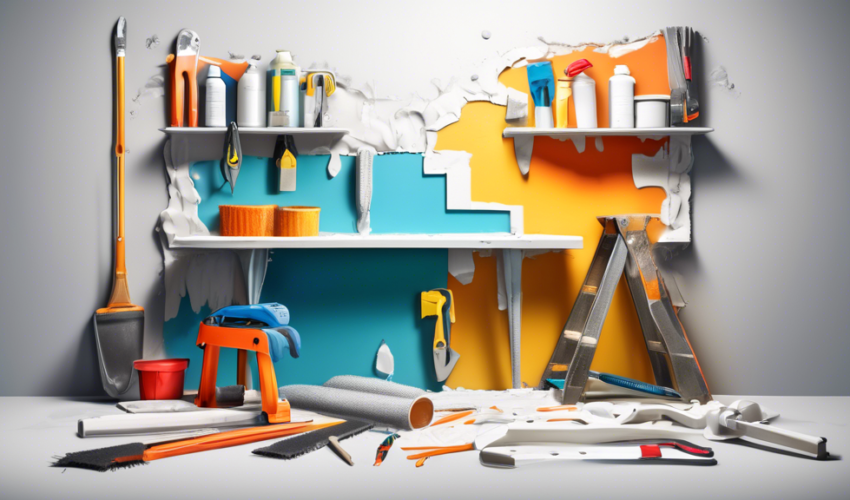 A step-by-step illustration showing the process of repairing water-damaged drywall, featuring tools and materials neatly organized on the side.
