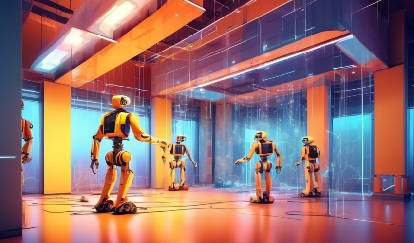 A futuristic construction site where robots are installing glowing, energy-efficient drywall panels in a modern building, showcasing innovation in construction technology.