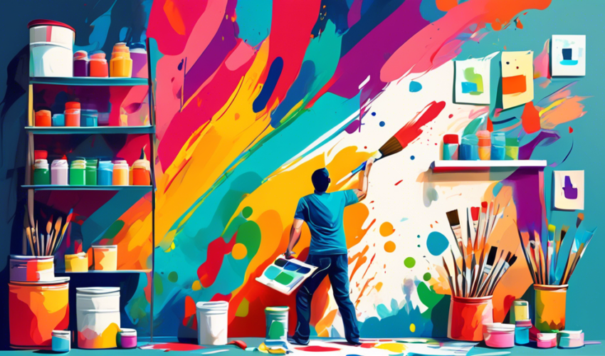 An artist expertly applying vibrant colors to a room's wall with a paintbrush, showing a transformation from a dull to a fresh, bright look, with a palette of paint options and painting tools scattere