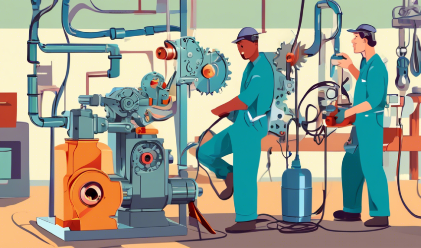 An animated illustration showing a step-by-step guide for preventive maintenance of a water pump, featuring technicians in a workshop setting examining the pump, replacing parts, and testing the equip