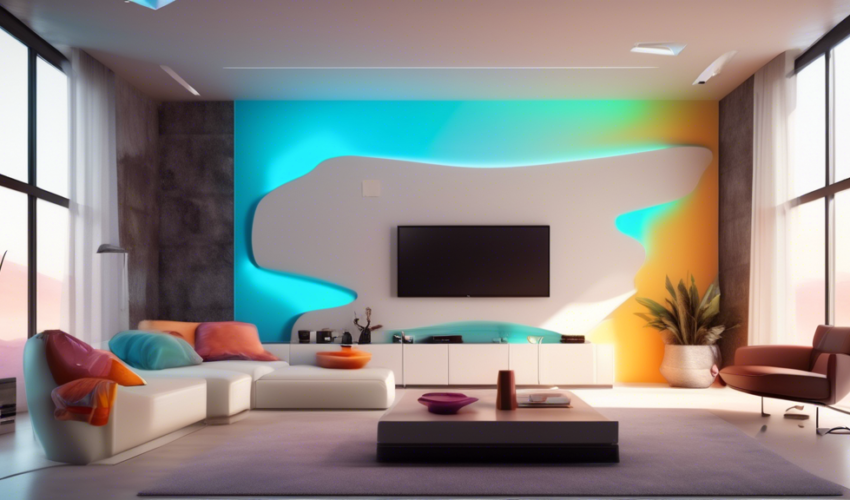 An ultra-modern living room showcasing the latest trends in drywall design with futuristic material innovations, including self-healing and thermal-regulating drywall, with soft ambient lighting highl
