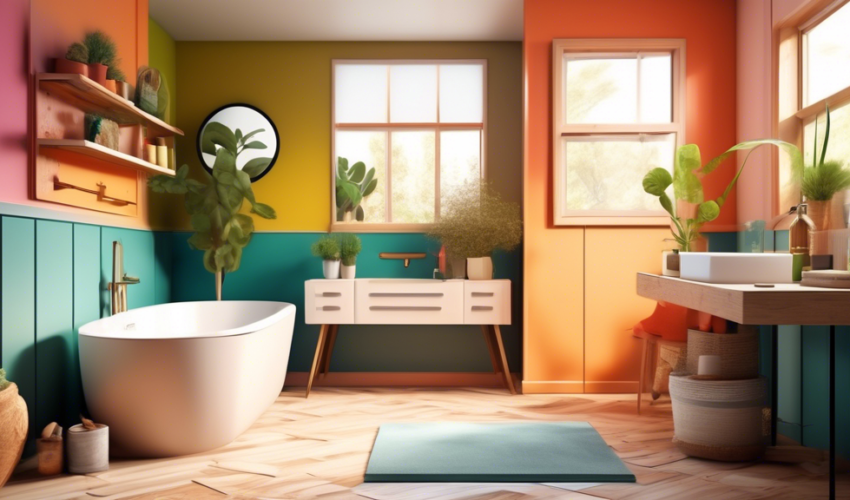 An idyllic bathroom with outdated features being creatively transformed into a modern space using local materials and simple DIY techniques, illustrated in a bright, realistic style.
