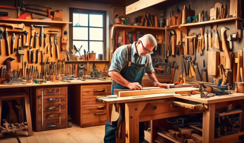 An experienced carpenter demonstrating advanced renovation techniques in a bright, well-organized workshop, surrounded by various woodworking tools and a partially restored vintage wooden cabinet.