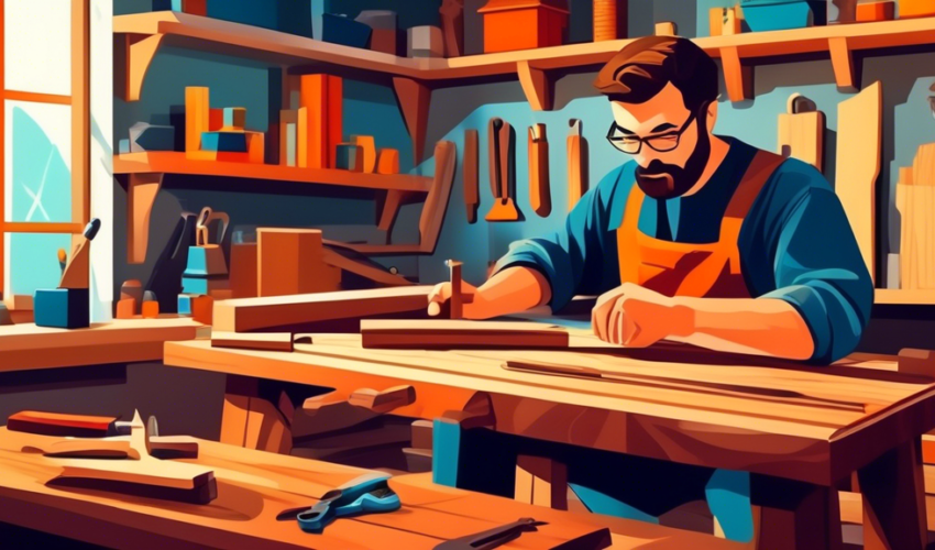 An expert woodworker in a well-organized workshop, surrounded by various carpentry tools, crafting a beautiful wooden coffee table for a modern home interior.