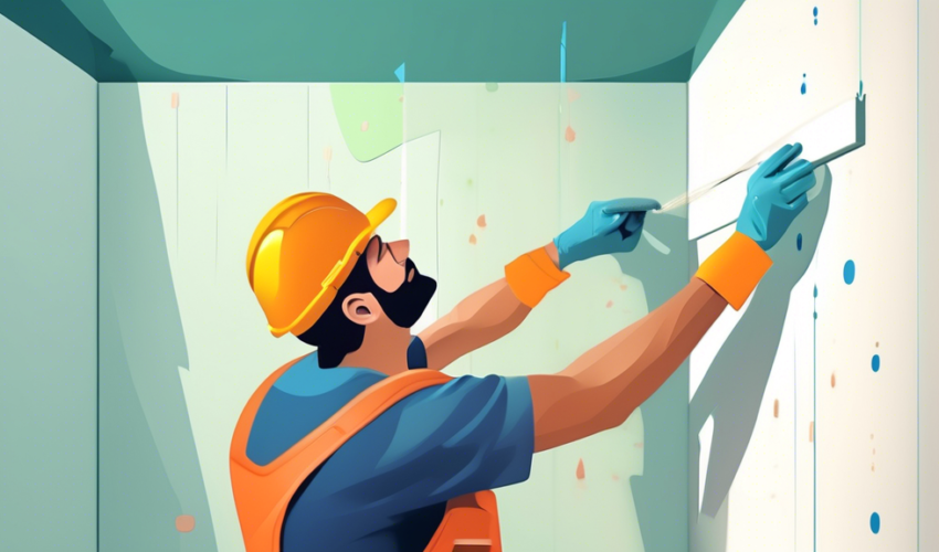 An experienced craftsman meticulously applying joint compound to seamlessly connect drywall panels in a well-lit, modern construction site.