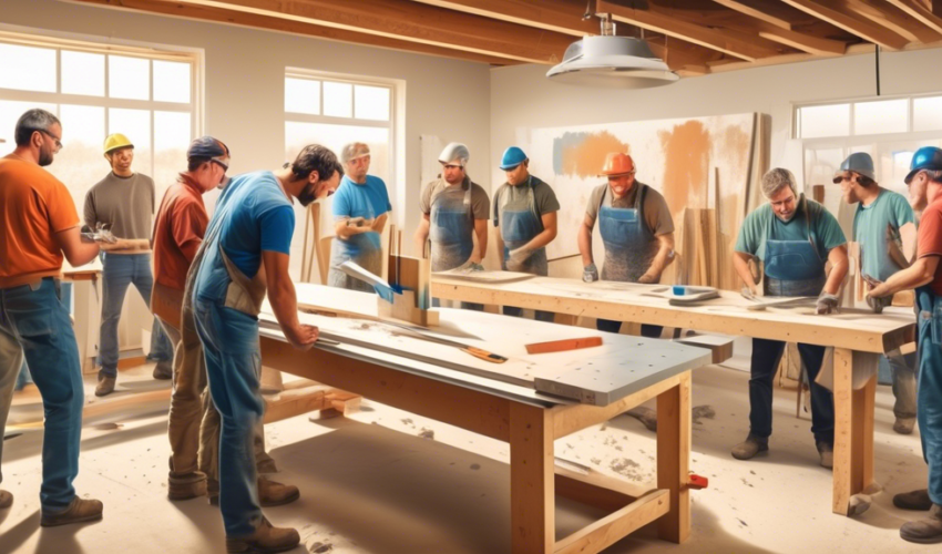 Create an image of a well-lit workshop with a diverse group of people attentively watching a master craftsman demonstrate drywall finishing techniques on a wall section, with tools like trowels, mud p