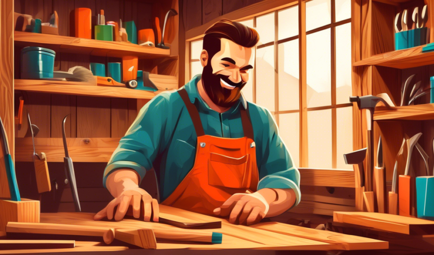 An enthusiastic beginner carpenter working with precision on a wooden bookshelf in a cozy, well-organized indoor workshop, showcasing various carpentry tools and wooden planks in the background.