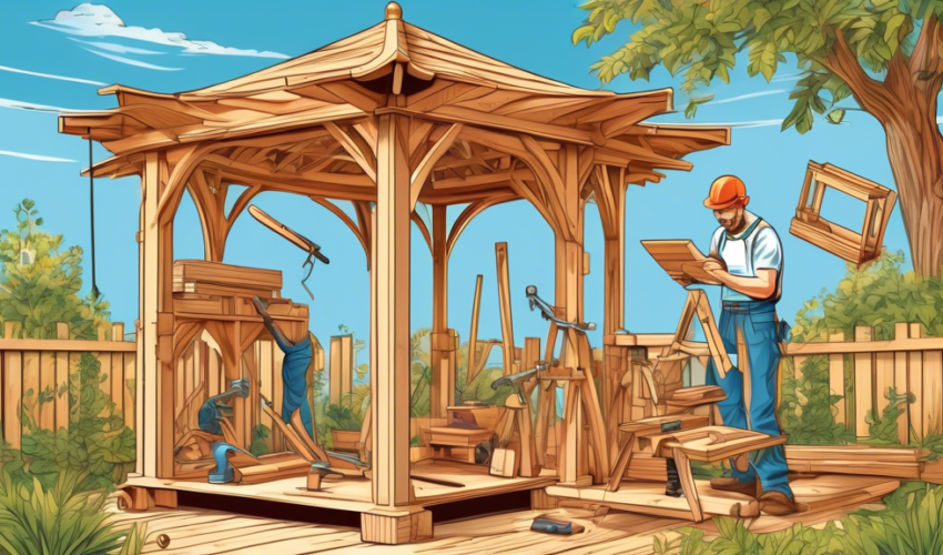 An experienced carpenter building a wooden gazebo in a lush garden, with detailed illustrations of tools, wood planks, and step-by-step instructions floating around him, showcasing various carpentry t
