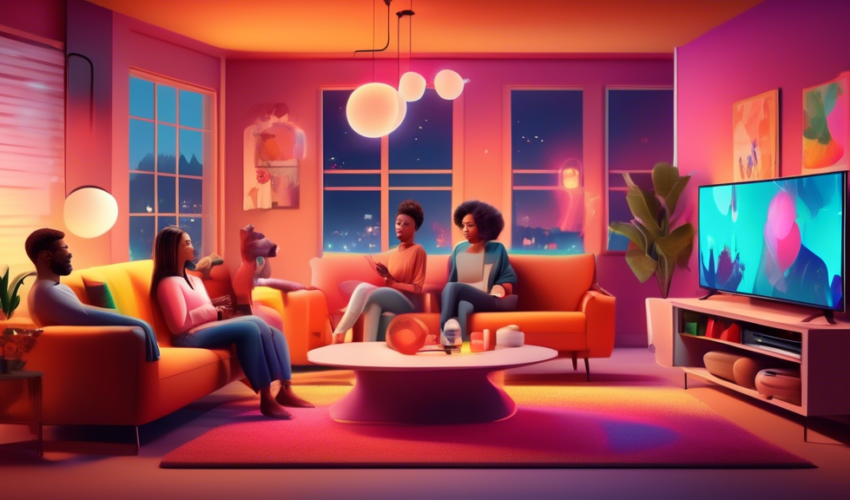 An ultra-modern living room featuring a diverse family interacting with voice-controlled home devices such as lights, smart speaker, and a television, showcasing seamless technology integration in a c