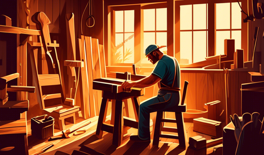 An illustration of a carpenter in an old-fashioned workshop surrounded by basic carpentry tools like hammer, saw, chisel, and measuring tape, intently crafting a wooden chair, with sunlight streaming
