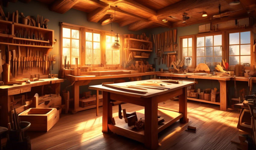 A highly detailed workshop with a skilled carpenter in traditional attire, surrounded by an array of woodworking tools such as saws, chisels, and planes, demonstrating various carpentry techniques on