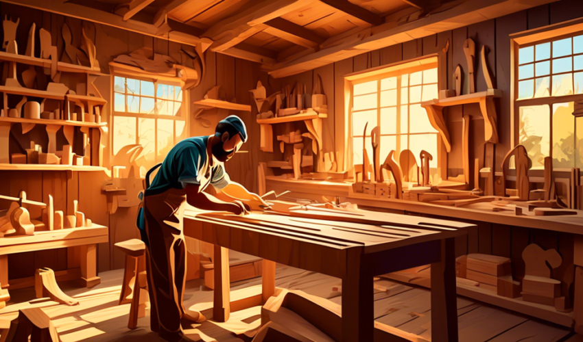 An image of a skilled carpenter working meticulously in a sunlit workshop, surrounded by wooden crafts and carpentry tools, demonstrating precision and expertise in woodcarving.