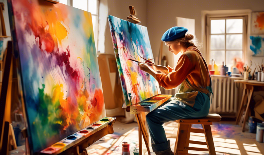 An artist in a bright, sunlit studio, wearing a smock and beret, skillfully applying vibrant paint to a large canvas on an easel, surrounded by an assortment of brushes and a palette in a picturesque,