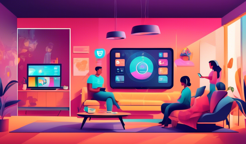 An illustration of a modern living room equipped with high-tech remote home monitoring systems, featuring a digital wall display showing live security feeds, motion sensors in the corners, and a famil