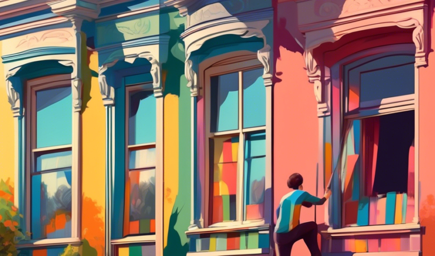 An artist delicately restoring the vibrant facade of a Victorian home with a palette of historically accurate colors under a soft, afternoon sunlight.