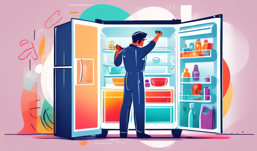An illustrated guide showing a person in a uniform fixing a modern refrigerator, with tools spread around and steps highlighted in a semi-transparent overlay