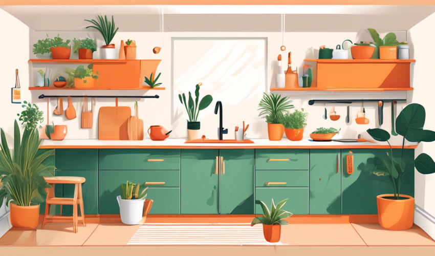 Create an illustration of a bright and modern kitchen with newly renovated wooden cabinets, featuring a step-by-step guide floating above the counter showing simple tools and paint cans, surrounded by