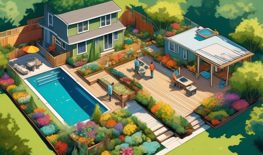An artistic aerial view of a lush suburban backyard undergoing transformation with construction workers installing a modern swimming pool, a new deck being built, and beautiful landscaping with colorf