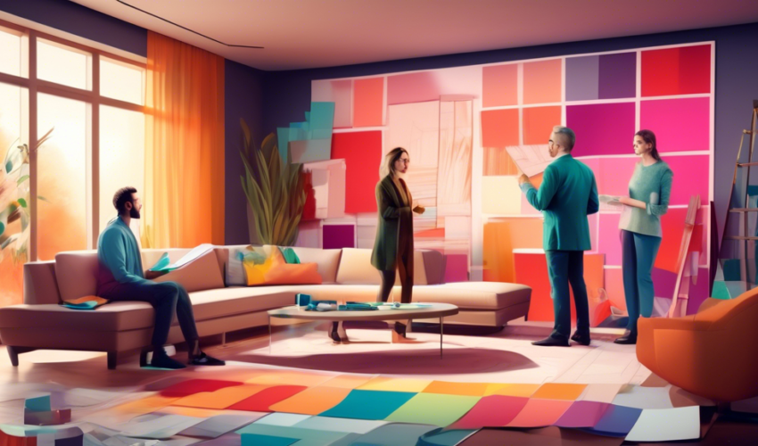 A modern, stylish living room undergoing renovation with an architect discussing plans with a couple, surrounded by paint swatches, fabric samples, and digital renderings on a large screen.