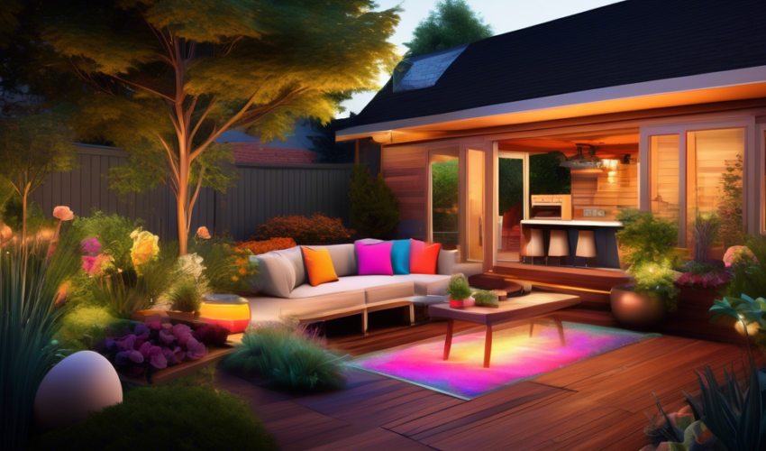 An artistically transformed backyard showcasing a variety of top outdoor renovation services, including a modern deck, a lush garden, an elegant patio with comfortable seating, and ambient lighting, a