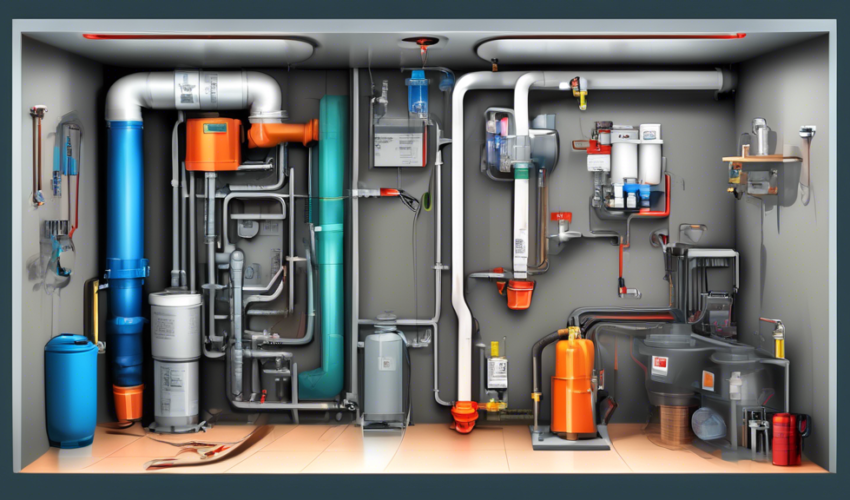 An intricate illustration of a modern basement featuring a newly upgraded sump pump system, complete with labeled components, detailed cutaway views showing the internal mechanics, and surrounding too