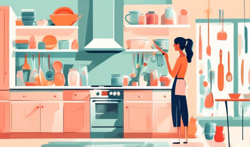 Create an image depicting a bright, modern kitchen interior with open, freshly painted cabinets filled with neatly arranged dishes and jars, a person standing in front of them holding a paintbrush and