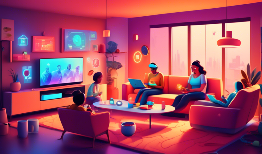 An illustration of a cozy living room filled with various smart home devices seamlessly integrated into daily life, showcasing a family enjoying the convenience with a futuristic touch