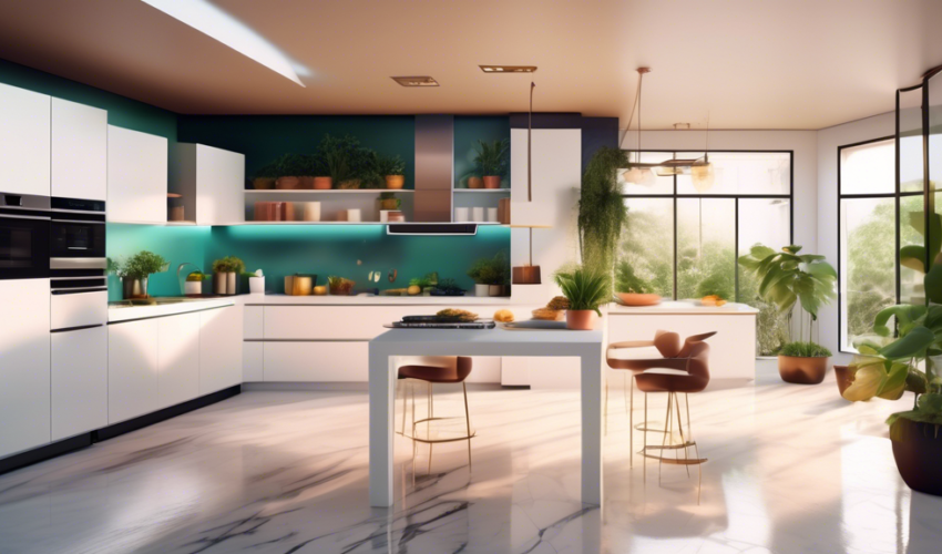 A modern, airy kitchen filled with sleek smart appliances including a smart refrigerator, an intelligent oven, and an automated coffee maker, all subtly glowing with interactive displays, in a stylish