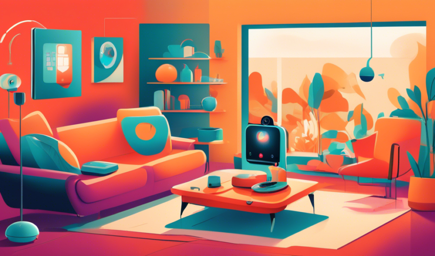 An illustrated guidebook cover depicting a cozy modern living room that intelligently adapts its environment, with icons symbolizing smart devices like a smart thermostat, voice-activated lights, and