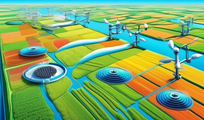 An aerial view of a futuristic farm landscape showcasing advanced smart irrigation systems, with drones monitoring water distribution in vibrant, neatly arranged crop fields under a clear blue sky.